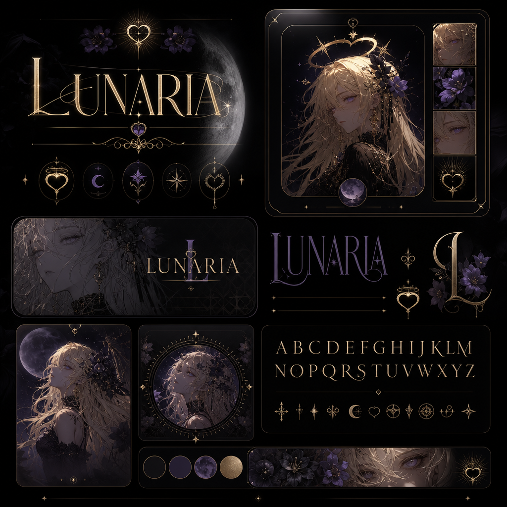 LUNARIA 黑金紫月光视觉图鉴，包含二次元人物、金色字样、月亮、紫花、心环和装饰边框